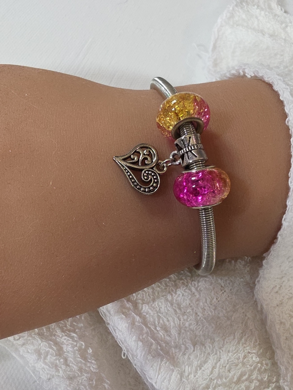 Silver Charm Bracelet with Pink and Yellow Glass Beads